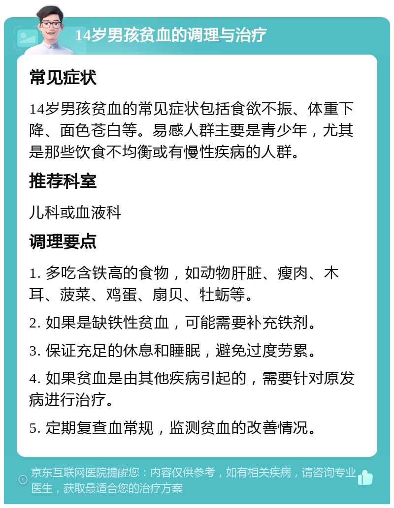 14岁男孩贫血的调理与治疗 常见症状 14岁男孩贫血的常见症状包括食欲不振、体重下降、面色苍白等。易感人群主要是青少年，尤其是那些饮食不均衡或有慢性疾病的人群。 推荐科室 儿科或血液科 调理要点 1. 多吃含铁高的食物，如动物肝脏、瘦肉、木耳、菠菜、鸡蛋、扇贝、牡蛎等。 2. 如果是缺铁性贫血，可能需要补充铁剂。 3. 保证充足的休息和睡眠，避免过度劳累。 4. 如果贫血是由其他疾病引起的，需要针对原发病进行治疗。 5. 定期复查血常规，监测贫血的改善情况。