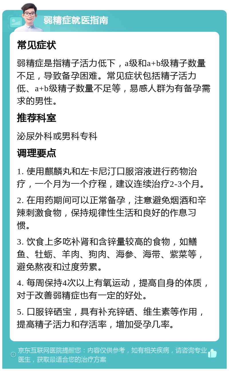 弱精症就医指南 常见症状 弱精症是指精子活力低下，a级和a+b级精子数量不足，导致备孕困难。常见症状包括精子活力低、a+b级精子数量不足等，易感人群为有备孕需求的男性。 推荐科室 泌尿外科或男科专科 调理要点 1. 使用麒麟丸和左卡尼汀口服溶液进行药物治疗，一个月为一个疗程，建议连续治疗2-3个月。 2. 在用药期间可以正常备孕，注意避免烟酒和辛辣刺激食物，保持规律性生活和良好的作息习惯。 3. 饮食上多吃补肾和含锌量较高的食物，如鳝鱼、牡蛎、羊肉、狗肉、海参、海带、紫菜等，避免熬夜和过度劳累。 4. 每周保持4次以上有氧运动，提高自身的体质，对于改善弱精症也有一定的好处。 5. 口服锌硒宝，具有补充锌硒、维生素等作用，提高精子活力和存活率，增加受孕几率。