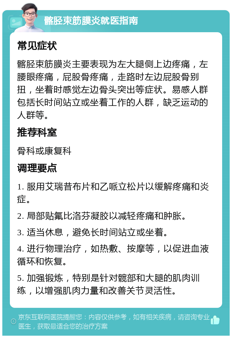 髂胫束筋膜炎就医指南 常见症状 髂胫束筋膜炎主要表现为左大腿侧上边疼痛，左腰眼疼痛，屁股骨疼痛，走路时左边屁股骨别扭，坐着时感觉左边骨头突出等症状。易感人群包括长时间站立或坐着工作的人群，缺乏运动的人群等。 推荐科室 骨科或康复科 调理要点 1. 服用艾瑞昔布片和乙哌立松片以缓解疼痛和炎症。 2. 局部贴氟比洛芬凝胶以减轻疼痛和肿胀。 3. 适当休息，避免长时间站立或坐着。 4. 进行物理治疗，如热敷、按摩等，以促进血液循环和恢复。 5. 加强锻炼，特别是针对髋部和大腿的肌肉训练，以增强肌肉力量和改善关节灵活性。