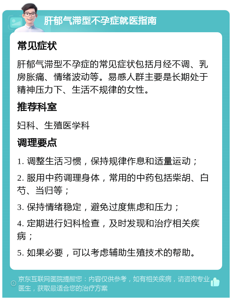 肝郁气滞型不孕症就医指南 常见症状 肝郁气滞型不孕症的常见症状包括月经不调、乳房胀痛、情绪波动等。易感人群主要是长期处于精神压力下、生活不规律的女性。 推荐科室 妇科、生殖医学科 调理要点 1. 调整生活习惯，保持规律作息和适量运动； 2. 服用中药调理身体，常用的中药包括柴胡、白芍、当归等； 3. 保持情绪稳定，避免过度焦虑和压力； 4. 定期进行妇科检查，及时发现和治疗相关疾病； 5. 如果必要，可以考虑辅助生殖技术的帮助。