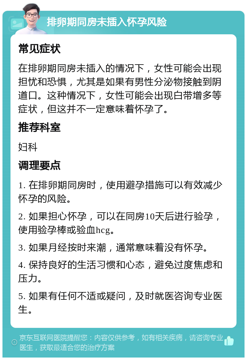 排卵期同房未插入怀孕风险 常见症状 在排卵期同房未插入的情况下，女性可能会出现担忧和恐惧，尤其是如果有男性分泌物接触到阴道口。这种情况下，女性可能会出现白带增多等症状，但这并不一定意味着怀孕了。 推荐科室 妇科 调理要点 1. 在排卵期同房时，使用避孕措施可以有效减少怀孕的风险。 2. 如果担心怀孕，可以在同房10天后进行验孕，使用验孕棒或验血hcg。 3. 如果月经按时来潮，通常意味着没有怀孕。 4. 保持良好的生活习惯和心态，避免过度焦虑和压力。 5. 如果有任何不适或疑问，及时就医咨询专业医生。