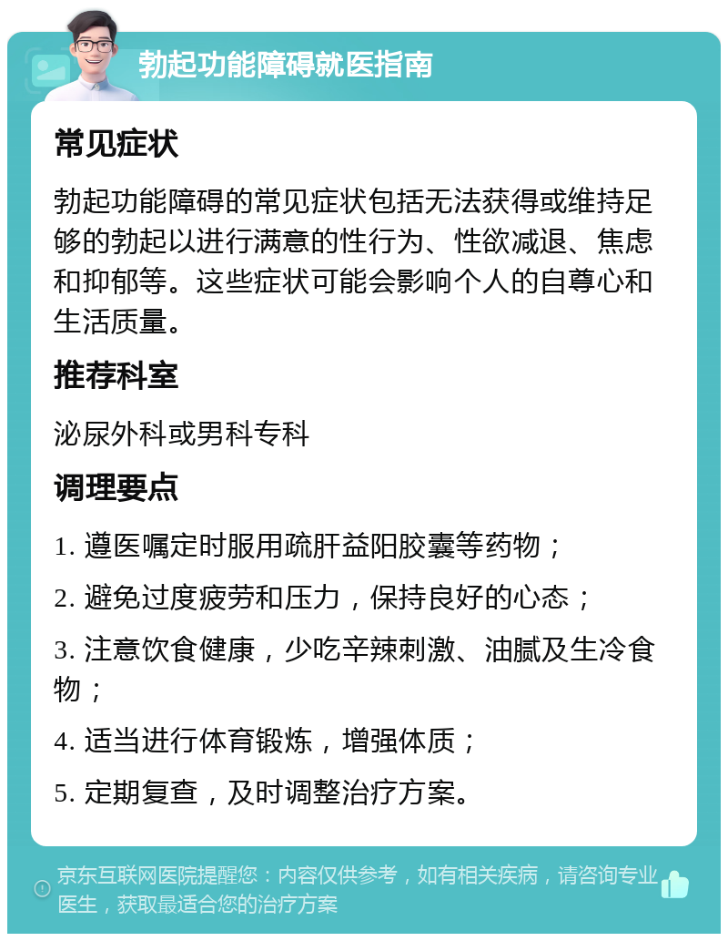 勃起功能障碍就医指南 常见症状 勃起功能障碍的常见症状包括无法获得或维持足够的勃起以进行满意的性行为、性欲减退、焦虑和抑郁等。这些症状可能会影响个人的自尊心和生活质量。 推荐科室 泌尿外科或男科专科 调理要点 1. 遵医嘱定时服用疏肝益阳胶囊等药物； 2. 避免过度疲劳和压力，保持良好的心态； 3. 注意饮食健康，少吃辛辣刺激、油腻及生冷食物； 4. 适当进行体育锻炼，增强体质； 5. 定期复查，及时调整治疗方案。