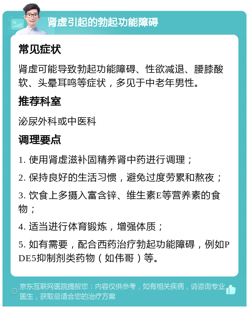 肾虚引起的勃起功能障碍 常见症状 肾虚可能导致勃起功能障碍、性欲减退、腰膝酸软、头晕耳鸣等症状，多见于中老年男性。 推荐科室 泌尿外科或中医科 调理要点 1. 使用肾虚滋补固精养肾中药进行调理； 2. 保持良好的生活习惯，避免过度劳累和熬夜； 3. 饮食上多摄入富含锌、维生素E等营养素的食物； 4. 适当进行体育锻炼，增强体质； 5. 如有需要，配合西药治疗勃起功能障碍，例如PDE5抑制剂类药物（如伟哥）等。