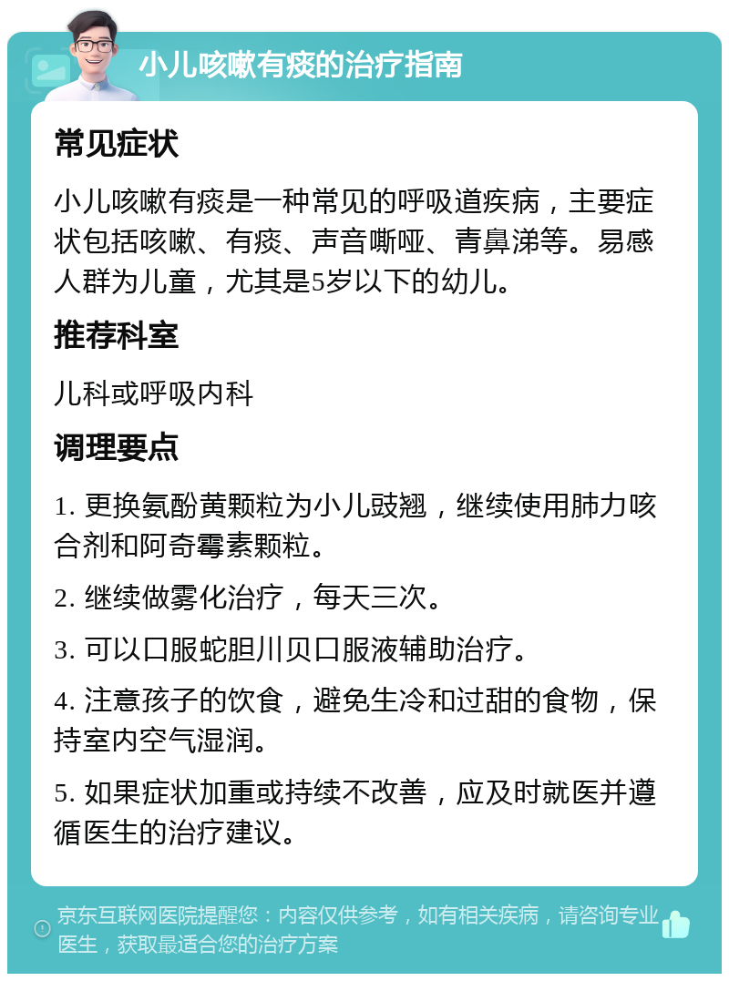 小儿咳嗽有痰的治疗指南 常见症状 小儿咳嗽有痰是一种常见的呼吸道疾病，主要症状包括咳嗽、有痰、声音嘶哑、青鼻涕等。易感人群为儿童，尤其是5岁以下的幼儿。 推荐科室 儿科或呼吸内科 调理要点 1. 更换氨酚黄颗粒为小儿豉翘，继续使用肺力咳合剂和阿奇霉素颗粒。 2. 继续做雾化治疗，每天三次。 3. 可以口服蛇胆川贝口服液辅助治疗。 4. 注意孩子的饮食，避免生冷和过甜的食物，保持室内空气湿润。 5. 如果症状加重或持续不改善，应及时就医并遵循医生的治疗建议。