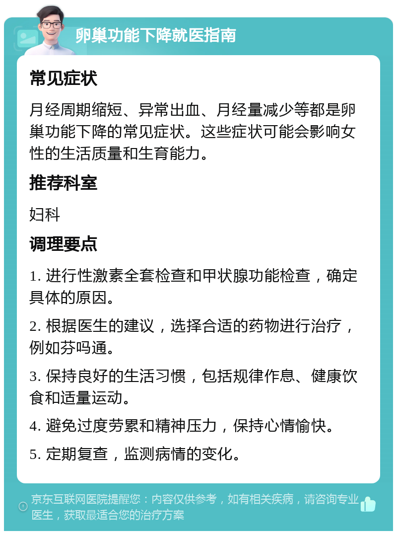 卵巢功能下降就医指南 常见症状 月经周期缩短、异常出血、月经量减少等都是卵巢功能下降的常见症状。这些症状可能会影响女性的生活质量和生育能力。 推荐科室 妇科 调理要点 1. 进行性激素全套检查和甲状腺功能检查，确定具体的原因。 2. 根据医生的建议，选择合适的药物进行治疗，例如芬吗通。 3. 保持良好的生活习惯，包括规律作息、健康饮食和适量运动。 4. 避免过度劳累和精神压力，保持心情愉快。 5. 定期复查，监测病情的变化。