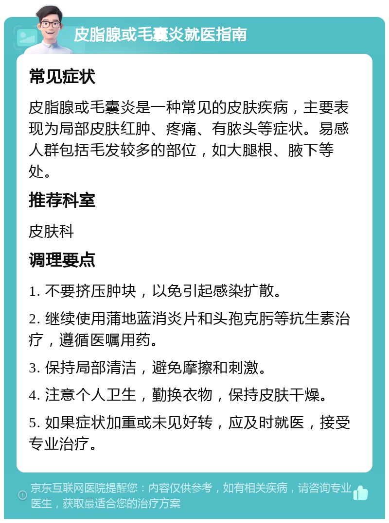 皮脂腺或毛囊炎就医指南 常见症状 皮脂腺或毛囊炎是一种常见的皮肤疾病，主要表现为局部皮肤红肿、疼痛、有脓头等症状。易感人群包括毛发较多的部位，如大腿根、腋下等处。 推荐科室 皮肤科 调理要点 1. 不要挤压肿块，以免引起感染扩散。 2. 继续使用蒲地蓝消炎片和头孢克肟等抗生素治疗，遵循医嘱用药。 3. 保持局部清洁，避免摩擦和刺激。 4. 注意个人卫生，勤换衣物，保持皮肤干燥。 5. 如果症状加重或未见好转，应及时就医，接受专业治疗。