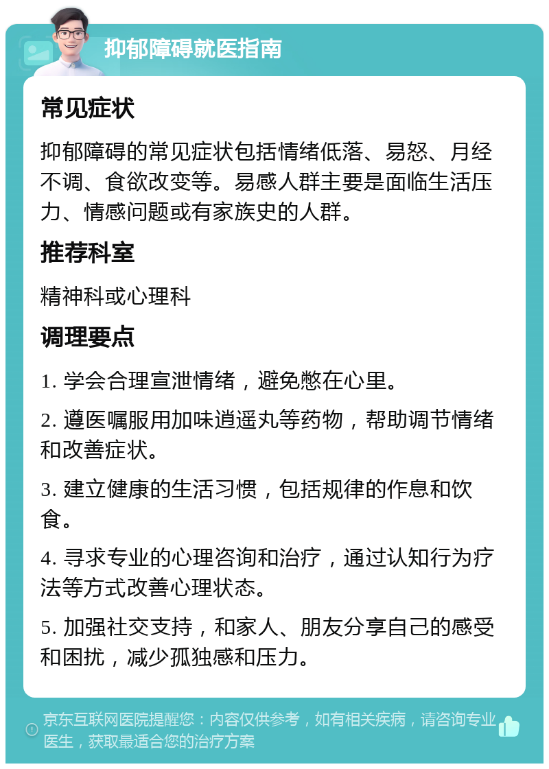 抑郁障碍就医指南 常见症状 抑郁障碍的常见症状包括情绪低落、易怒、月经不调、食欲改变等。易感人群主要是面临生活压力、情感问题或有家族史的人群。 推荐科室 精神科或心理科 调理要点 1. 学会合理宣泄情绪，避免憋在心里。 2. 遵医嘱服用加味逍遥丸等药物，帮助调节情绪和改善症状。 3. 建立健康的生活习惯，包括规律的作息和饮食。 4. 寻求专业的心理咨询和治疗，通过认知行为疗法等方式改善心理状态。 5. 加强社交支持，和家人、朋友分享自己的感受和困扰，减少孤独感和压力。