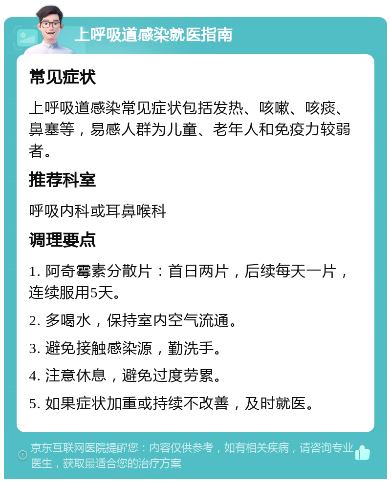 上呼吸道感染就医指南 常见症状 上呼吸道感染常见症状包括发热、咳嗽、咳痰、鼻塞等，易感人群为儿童、老年人和免疫力较弱者。 推荐科室 呼吸内科或耳鼻喉科 调理要点 1. 阿奇霉素分散片：首日两片，后续每天一片，连续服用5天。 2. 多喝水，保持室内空气流通。 3. 避免接触感染源，勤洗手。 4. 注意休息，避免过度劳累。 5. 如果症状加重或持续不改善，及时就医。