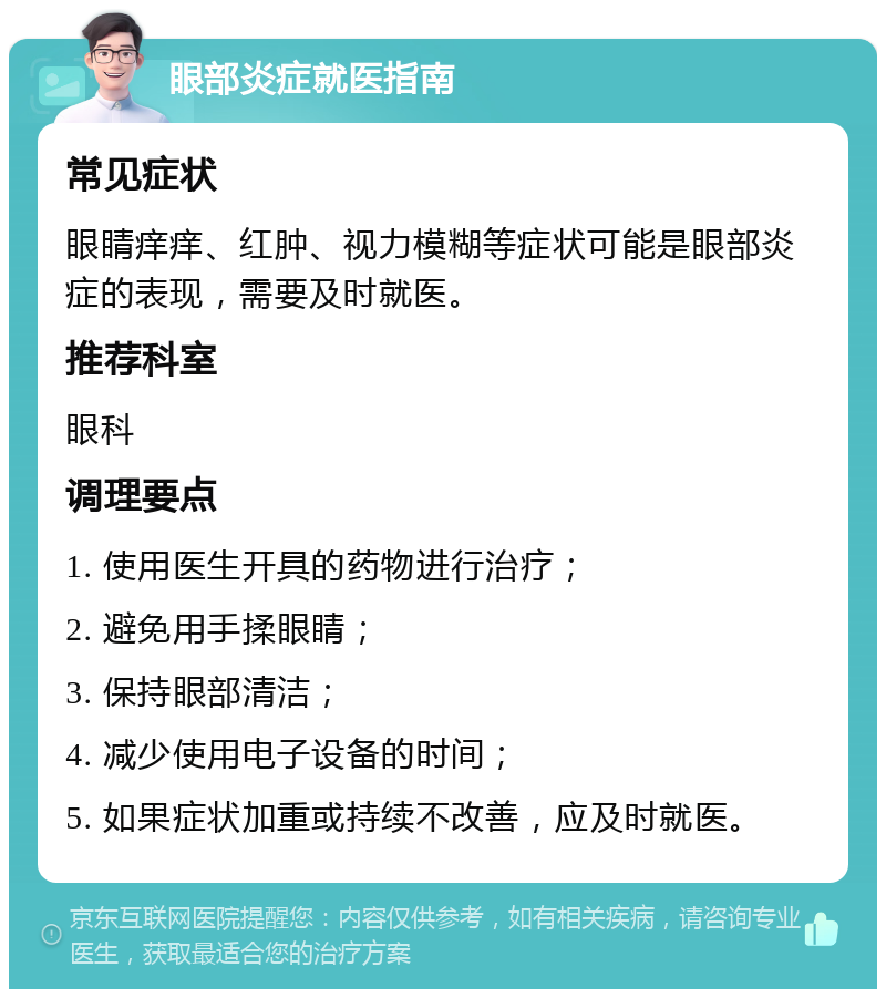 眼部炎症就医指南 常见症状 眼睛痒痒、红肿、视力模糊等症状可能是眼部炎症的表现，需要及时就医。 推荐科室 眼科 调理要点 1. 使用医生开具的药物进行治疗； 2. 避免用手揉眼睛； 3. 保持眼部清洁； 4. 减少使用电子设备的时间； 5. 如果症状加重或持续不改善，应及时就医。