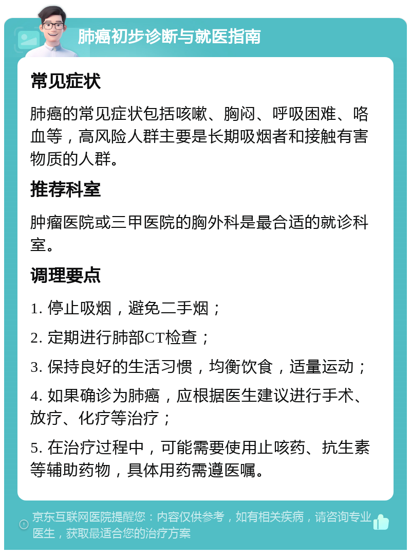 肺癌初步诊断与就医指南 常见症状 肺癌的常见症状包括咳嗽、胸闷、呼吸困难、咯血等，高风险人群主要是长期吸烟者和接触有害物质的人群。 推荐科室 肿瘤医院或三甲医院的胸外科是最合适的就诊科室。 调理要点 1. 停止吸烟，避免二手烟； 2. 定期进行肺部CT检查； 3. 保持良好的生活习惯，均衡饮食，适量运动； 4. 如果确诊为肺癌，应根据医生建议进行手术、放疗、化疗等治疗； 5. 在治疗过程中，可能需要使用止咳药、抗生素等辅助药物，具体用药需遵医嘱。