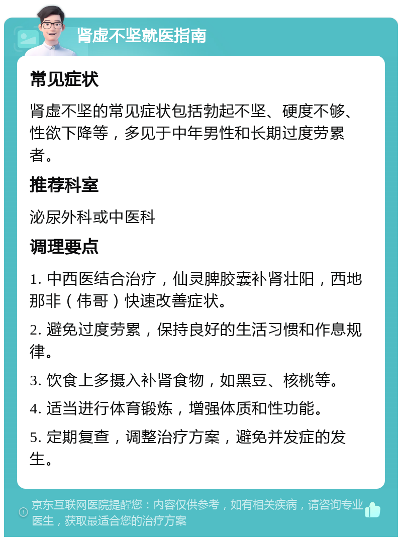 肾虚不坚就医指南 常见症状 肾虚不坚的常见症状包括勃起不坚、硬度不够、性欲下降等，多见于中年男性和长期过度劳累者。 推荐科室 泌尿外科或中医科 调理要点 1. 中西医结合治疗，仙灵脾胶囊补肾壮阳，西地那非（伟哥）快速改善症状。 2. 避免过度劳累，保持良好的生活习惯和作息规律。 3. 饮食上多摄入补肾食物，如黑豆、核桃等。 4. 适当进行体育锻炼，增强体质和性功能。 5. 定期复查，调整治疗方案，避免并发症的发生。