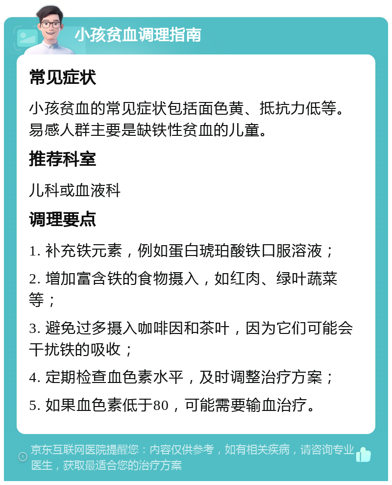 小孩贫血调理指南 常见症状 小孩贫血的常见症状包括面色黄、抵抗力低等。易感人群主要是缺铁性贫血的儿童。 推荐科室 儿科或血液科 调理要点 1. 补充铁元素，例如蛋白琥珀酸铁口服溶液； 2. 增加富含铁的食物摄入，如红肉、绿叶蔬菜等； 3. 避免过多摄入咖啡因和茶叶，因为它们可能会干扰铁的吸收； 4. 定期检查血色素水平，及时调整治疗方案； 5. 如果血色素低于80，可能需要输血治疗。