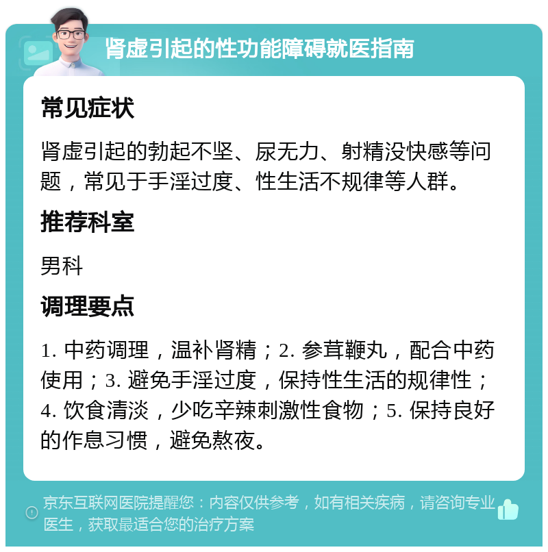 肾虚引起的性功能障碍就医指南 常见症状 肾虚引起的勃起不坚、尿无力、射精没快感等问题，常见于手淫过度、性生活不规律等人群。 推荐科室 男科 调理要点 1. 中药调理，温补肾精；2. 参茸鞭丸，配合中药使用；3. 避免手淫过度，保持性生活的规律性；4. 饮食清淡，少吃辛辣刺激性食物；5. 保持良好的作息习惯，避免熬夜。