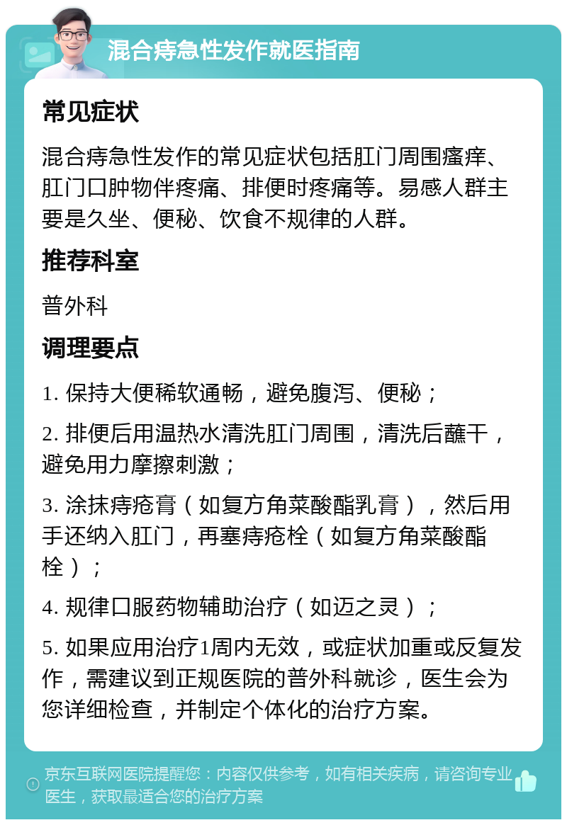 混合痔急性发作就医指南 常见症状 混合痔急性发作的常见症状包括肛门周围瘙痒、肛门口肿物伴疼痛、排便时疼痛等。易感人群主要是久坐、便秘、饮食不规律的人群。 推荐科室 普外科 调理要点 1. 保持大便稀软通畅，避免腹泻、便秘； 2. 排便后用温热水清洗肛门周围，清洗后蘸干，避免用力摩擦刺激； 3. 涂抹痔疮膏（如复方角菜酸酯乳膏），然后用手还纳入肛门，再塞痔疮栓（如复方角菜酸酯栓）； 4. 规律口服药物辅助治疗（如迈之灵）； 5. 如果应用治疗1周内无效，或症状加重或反复发作，需建议到正规医院的普外科就诊，医生会为您详细检查，并制定个体化的治疗方案。