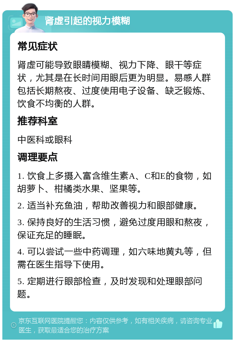 肾虚引起的视力模糊 常见症状 肾虚可能导致眼睛模糊、视力下降、眼干等症状，尤其是在长时间用眼后更为明显。易感人群包括长期熬夜、过度使用电子设备、缺乏锻炼、饮食不均衡的人群。 推荐科室 中医科或眼科 调理要点 1. 饮食上多摄入富含维生素A、C和E的食物，如胡萝卜、柑橘类水果、坚果等。 2. 适当补充鱼油，帮助改善视力和眼部健康。 3. 保持良好的生活习惯，避免过度用眼和熬夜，保证充足的睡眠。 4. 可以尝试一些中药调理，如六味地黄丸等，但需在医生指导下使用。 5. 定期进行眼部检查，及时发现和处理眼部问题。