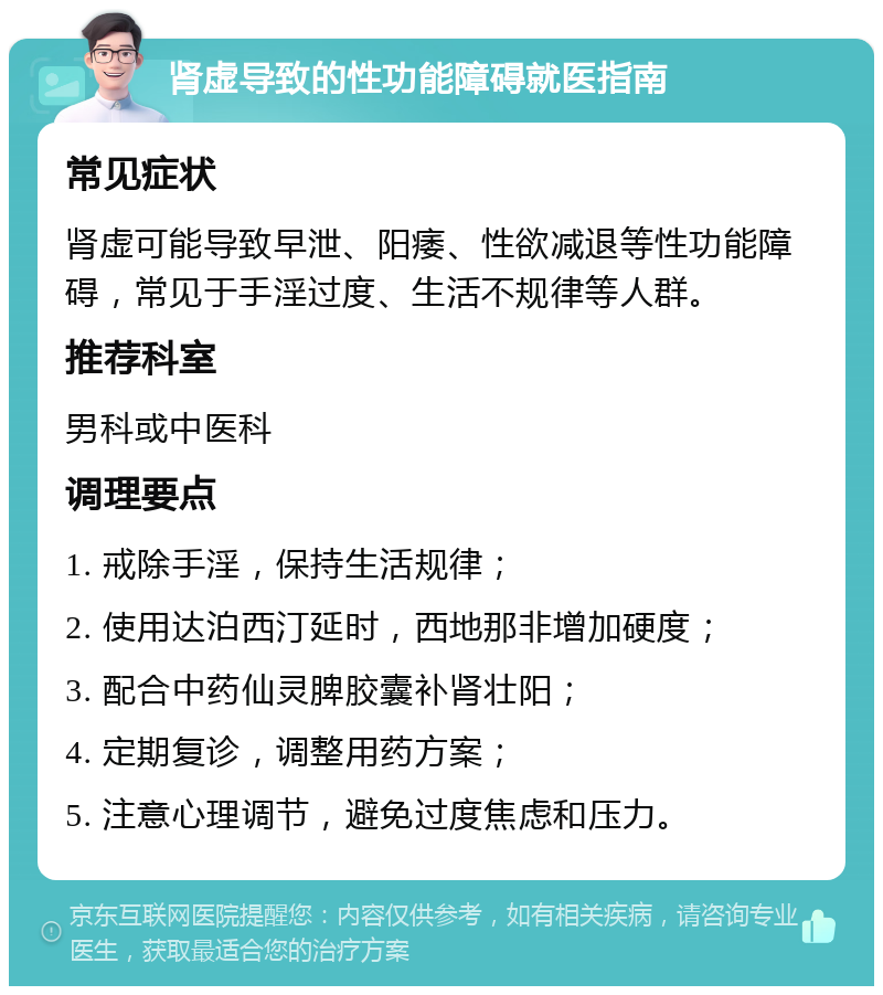 肾虚导致的性功能障碍就医指南 常见症状 肾虚可能导致早泄、阳痿、性欲减退等性功能障碍，常见于手淫过度、生活不规律等人群。 推荐科室 男科或中医科 调理要点 1. 戒除手淫，保持生活规律； 2. 使用达泊西汀延时，西地那非增加硬度； 3. 配合中药仙灵脾胶囊补肾壮阳； 4. 定期复诊，调整用药方案； 5. 注意心理调节，避免过度焦虑和压力。