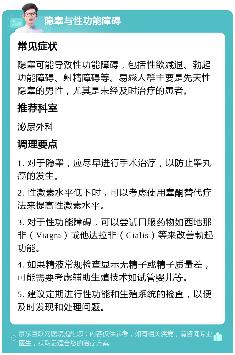 隐睾与性功能障碍 常见症状 隐睾可能导致性功能障碍，包括性欲减退、勃起功能障碍、射精障碍等。易感人群主要是先天性隐睾的男性，尤其是未经及时治疗的患者。 推荐科室 泌尿外科 调理要点 1. 对于隐睾，应尽早进行手术治疗，以防止睾丸癌的发生。 2. 性激素水平低下时，可以考虑使用睾酮替代疗法来提高性激素水平。 3. 对于性功能障碍，可以尝试口服药物如西地那非（Viagra）或他达拉非（Cialis）等来改善勃起功能。 4. 如果精液常规检查显示无精子或精子质量差，可能需要考虑辅助生殖技术如试管婴儿等。 5. 建议定期进行性功能和生殖系统的检查，以便及时发现和处理问题。