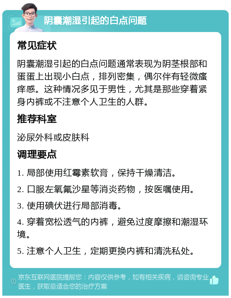 阴囊潮湿引起的白点问题 常见症状 阴囊潮湿引起的白点问题通常表现为阴茎根部和蛋蛋上出现小白点，排列密集，偶尔伴有轻微瘙痒感。这种情况多见于男性，尤其是那些穿着紧身内裤或不注意个人卫生的人群。 推荐科室 泌尿外科或皮肤科 调理要点 1. 局部使用红霉素软膏，保持干燥清洁。 2. 口服左氧氟沙星等消炎药物，按医嘱使用。 3. 使用碘伏进行局部消毒。 4. 穿着宽松透气的内裤，避免过度摩擦和潮湿环境。 5. 注意个人卫生，定期更换内裤和清洗私处。