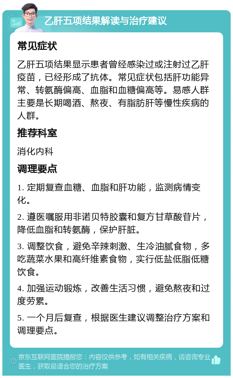 乙肝五项结果解读与治疗建议 常见症状 乙肝五项结果显示患者曾经感染过或注射过乙肝疫苗，已经形成了抗体。常见症状包括肝功能异常、转氨酶偏高、血脂和血糖偏高等。易感人群主要是长期喝酒、熬夜、有脂肪肝等慢性疾病的人群。 推荐科室 消化内科 调理要点 1. 定期复查血糖、血脂和肝功能，监测病情变化。 2. 遵医嘱服用非诺贝特胶囊和复方甘草酸苷片，降低血脂和转氨酶，保护肝脏。 3. 调整饮食，避免辛辣刺激、生冷油腻食物，多吃蔬菜水果和高纤维素食物，实行低盐低脂低糖饮食。 4. 加强运动锻炼，改善生活习惯，避免熬夜和过度劳累。 5. 一个月后复查，根据医生建议调整治疗方案和调理要点。