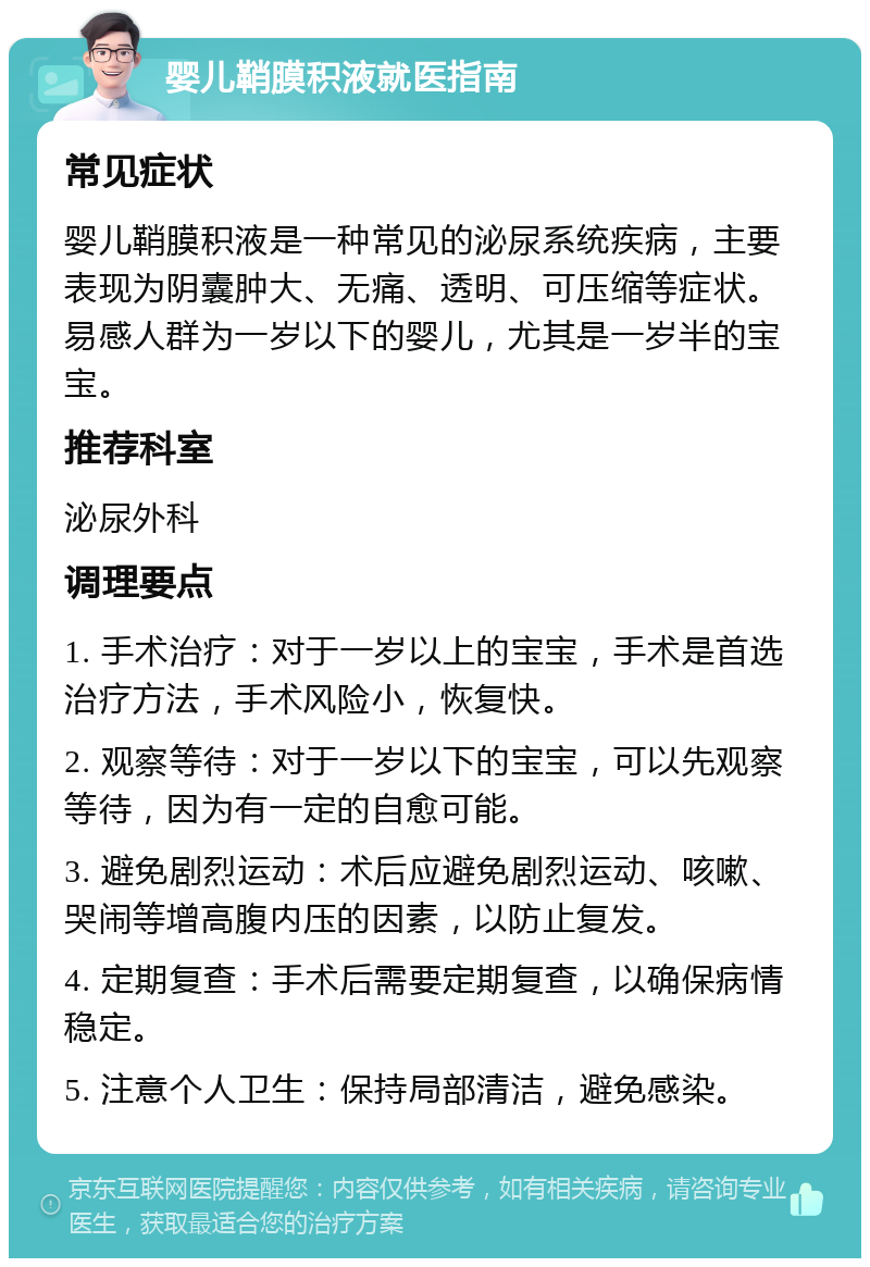 婴儿鞘膜积液就医指南 常见症状 婴儿鞘膜积液是一种常见的泌尿系统疾病，主要表现为阴囊肿大、无痛、透明、可压缩等症状。易感人群为一岁以下的婴儿，尤其是一岁半的宝宝。 推荐科室 泌尿外科 调理要点 1. 手术治疗：对于一岁以上的宝宝，手术是首选治疗方法，手术风险小，恢复快。 2. 观察等待：对于一岁以下的宝宝，可以先观察等待，因为有一定的自愈可能。 3. 避免剧烈运动：术后应避免剧烈运动、咳嗽、哭闹等增高腹内压的因素，以防止复发。 4. 定期复查：手术后需要定期复查，以确保病情稳定。 5. 注意个人卫生：保持局部清洁，避免感染。