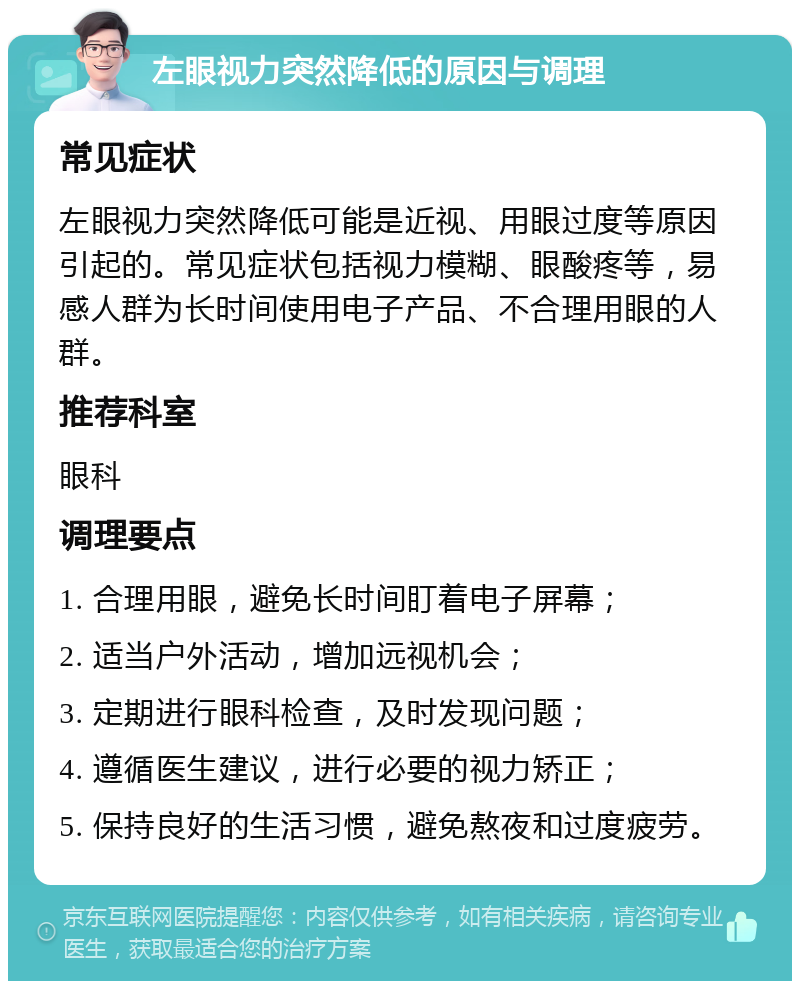 左眼视力突然降低的原因与调理 常见症状 左眼视力突然降低可能是近视、用眼过度等原因引起的。常见症状包括视力模糊、眼酸疼等，易感人群为长时间使用电子产品、不合理用眼的人群。 推荐科室 眼科 调理要点 1. 合理用眼，避免长时间盯着电子屏幕； 2. 适当户外活动，增加远视机会； 3. 定期进行眼科检查，及时发现问题； 4. 遵循医生建议，进行必要的视力矫正； 5. 保持良好的生活习惯，避免熬夜和过度疲劳。