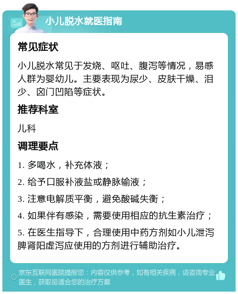 小儿脱水就医指南 常见症状 小儿脱水常见于发烧、呕吐、腹泻等情况，易感人群为婴幼儿。主要表现为尿少、皮肤干燥、泪少、囟门凹陷等症状。 推荐科室 儿科 调理要点 1. 多喝水，补充体液； 2. 给予口服补液盐或静脉输液； 3. 注意电解质平衡，避免酸碱失衡； 4. 如果伴有感染，需要使用相应的抗生素治疗； 5. 在医生指导下，合理使用中药方剂如小儿泄泻脾肾阳虚泻应使用的方剂进行辅助治疗。