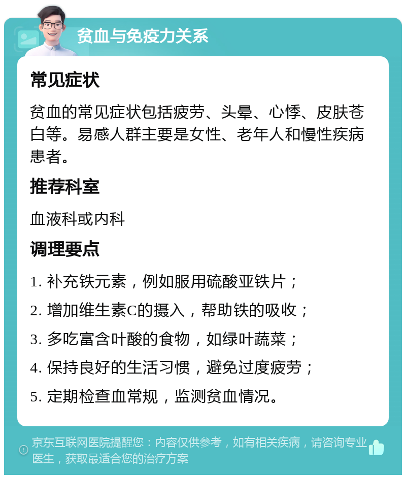 贫血与免疫力关系 常见症状 贫血的常见症状包括疲劳、头晕、心悸、皮肤苍白等。易感人群主要是女性、老年人和慢性疾病患者。 推荐科室 血液科或内科 调理要点 1. 补充铁元素，例如服用硫酸亚铁片； 2. 增加维生素C的摄入，帮助铁的吸收； 3. 多吃富含叶酸的食物，如绿叶蔬菜； 4. 保持良好的生活习惯，避免过度疲劳； 5. 定期检查血常规，监测贫血情况。