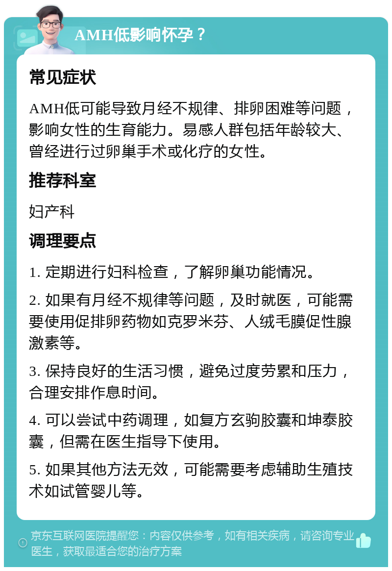 AMH低影响怀孕？ 常见症状 AMH低可能导致月经不规律、排卵困难等问题，影响女性的生育能力。易感人群包括年龄较大、曾经进行过卵巢手术或化疗的女性。 推荐科室 妇产科 调理要点 1. 定期进行妇科检查，了解卵巢功能情况。 2. 如果有月经不规律等问题，及时就医，可能需要使用促排卵药物如克罗米芬、人绒毛膜促性腺激素等。 3. 保持良好的生活习惯，避免过度劳累和压力，合理安排作息时间。 4. 可以尝试中药调理，如复方玄驹胶囊和坤泰胶囊，但需在医生指导下使用。 5. 如果其他方法无效，可能需要考虑辅助生殖技术如试管婴儿等。