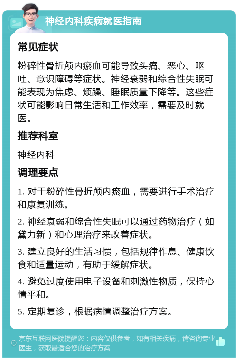 神经内科疾病就医指南 常见症状 粉碎性骨折颅内瘀血可能导致头痛、恶心、呕吐、意识障碍等症状。神经衰弱和综合性失眠可能表现为焦虑、烦躁、睡眠质量下降等。这些症状可能影响日常生活和工作效率，需要及时就医。 推荐科室 神经内科 调理要点 1. 对于粉碎性骨折颅内瘀血，需要进行手术治疗和康复训练。 2. 神经衰弱和综合性失眠可以通过药物治疗（如黛力新）和心理治疗来改善症状。 3. 建立良好的生活习惯，包括规律作息、健康饮食和适量运动，有助于缓解症状。 4. 避免过度使用电子设备和刺激性物质，保持心情平和。 5. 定期复诊，根据病情调整治疗方案。