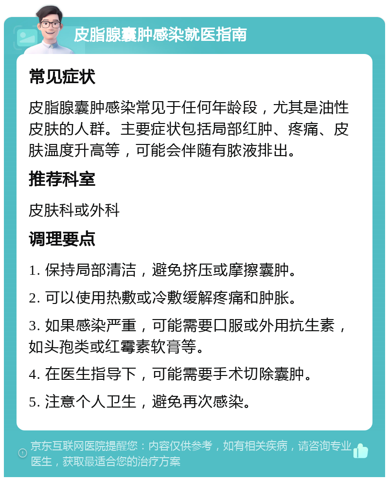 皮脂腺囊肿感染就医指南 常见症状 皮脂腺囊肿感染常见于任何年龄段，尤其是油性皮肤的人群。主要症状包括局部红肿、疼痛、皮肤温度升高等，可能会伴随有脓液排出。 推荐科室 皮肤科或外科 调理要点 1. 保持局部清洁，避免挤压或摩擦囊肿。 2. 可以使用热敷或冷敷缓解疼痛和肿胀。 3. 如果感染严重，可能需要口服或外用抗生素，如头孢类或红霉素软膏等。 4. 在医生指导下，可能需要手术切除囊肿。 5. 注意个人卫生，避免再次感染。