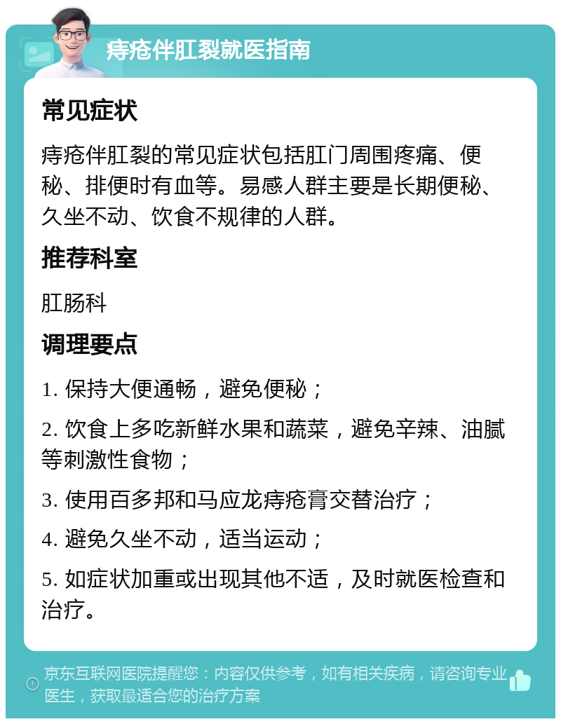 痔疮伴肛裂就医指南 常见症状 痔疮伴肛裂的常见症状包括肛门周围疼痛、便秘、排便时有血等。易感人群主要是长期便秘、久坐不动、饮食不规律的人群。 推荐科室 肛肠科 调理要点 1. 保持大便通畅，避免便秘； 2. 饮食上多吃新鲜水果和蔬菜，避免辛辣、油腻等刺激性食物； 3. 使用百多邦和马应龙痔疮膏交替治疗； 4. 避免久坐不动，适当运动； 5. 如症状加重或出现其他不适，及时就医检查和治疗。