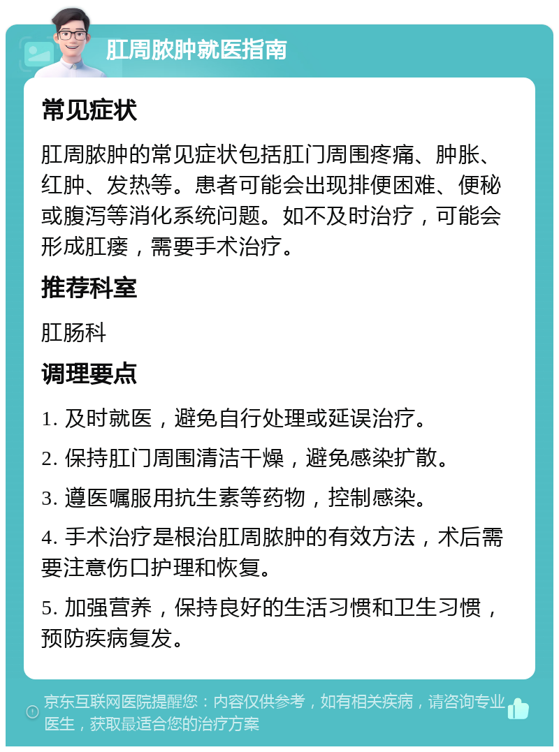 肛周脓肿就医指南 常见症状 肛周脓肿的常见症状包括肛门周围疼痛、肿胀、红肿、发热等。患者可能会出现排便困难、便秘或腹泻等消化系统问题。如不及时治疗，可能会形成肛瘘，需要手术治疗。 推荐科室 肛肠科 调理要点 1. 及时就医，避免自行处理或延误治疗。 2. 保持肛门周围清洁干燥，避免感染扩散。 3. 遵医嘱服用抗生素等药物，控制感染。 4. 手术治疗是根治肛周脓肿的有效方法，术后需要注意伤口护理和恢复。 5. 加强营养，保持良好的生活习惯和卫生习惯，预防疾病复发。