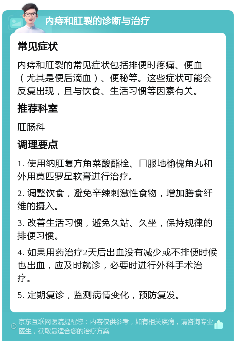 内痔和肛裂的诊断与治疗 常见症状 内痔和肛裂的常见症状包括排便时疼痛、便血（尤其是便后滴血）、便秘等。这些症状可能会反复出现，且与饮食、生活习惯等因素有关。 推荐科室 肛肠科 调理要点 1. 使用纳肛复方角菜酸酯栓、口服地榆槐角丸和外用莫匹罗星软膏进行治疗。 2. 调整饮食，避免辛辣刺激性食物，增加膳食纤维的摄入。 3. 改善生活习惯，避免久站、久坐，保持规律的排便习惯。 4. 如果用药治疗2天后出血没有减少或不排便时候也出血，应及时就诊，必要时进行外科手术治疗。 5. 定期复诊，监测病情变化，预防复发。