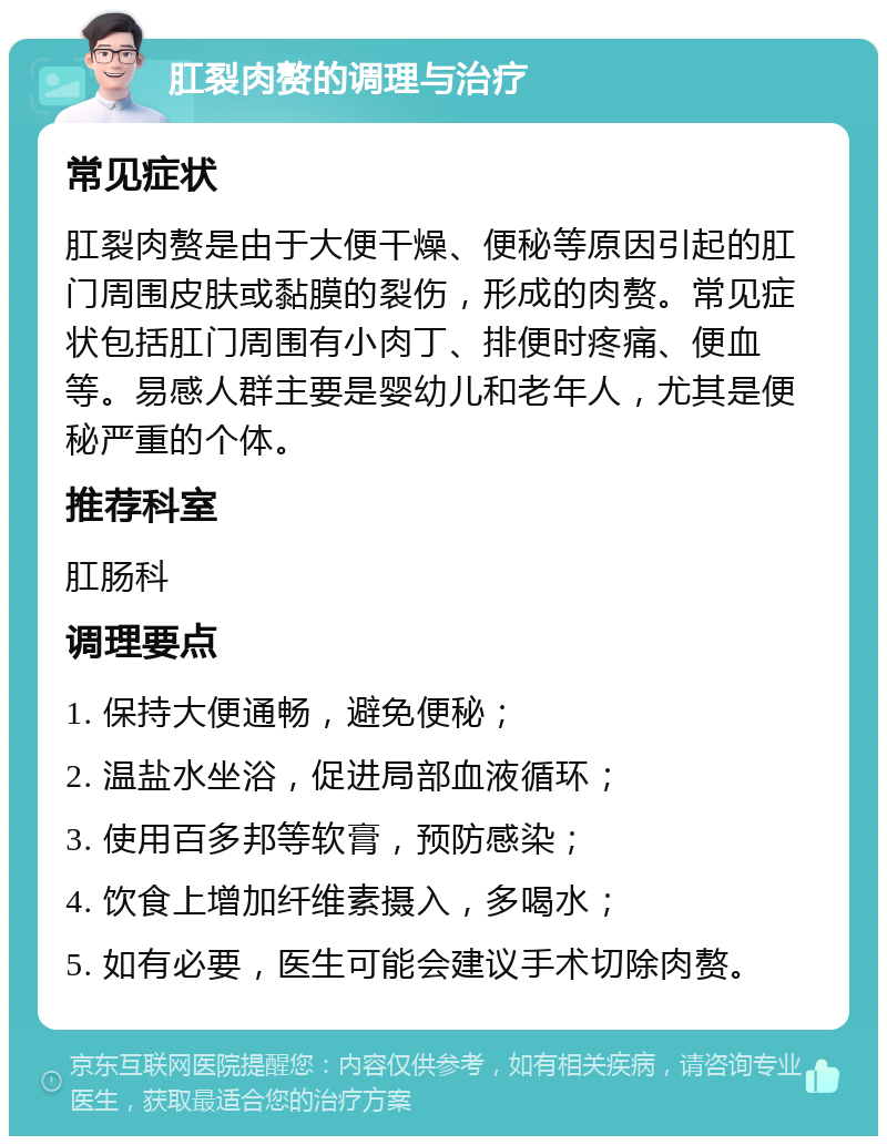 肛裂肉赘的调理与治疗 常见症状 肛裂肉赘是由于大便干燥、便秘等原因引起的肛门周围皮肤或黏膜的裂伤，形成的肉赘。常见症状包括肛门周围有小肉丁、排便时疼痛、便血等。易感人群主要是婴幼儿和老年人，尤其是便秘严重的个体。 推荐科室 肛肠科 调理要点 1. 保持大便通畅，避免便秘； 2. 温盐水坐浴，促进局部血液循环； 3. 使用百多邦等软膏，预防感染； 4. 饮食上增加纤维素摄入，多喝水； 5. 如有必要，医生可能会建议手术切除肉赘。