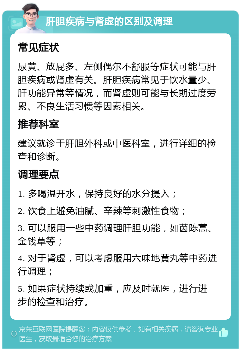 肝胆疾病与肾虚的区别及调理 常见症状 尿黄、放屁多、左侧偶尔不舒服等症状可能与肝胆疾病或肾虚有关。肝胆疾病常见于饮水量少、肝功能异常等情况，而肾虚则可能与长期过度劳累、不良生活习惯等因素相关。 推荐科室 建议就诊于肝胆外科或中医科室，进行详细的检查和诊断。 调理要点 1. 多喝温开水，保持良好的水分摄入； 2. 饮食上避免油腻、辛辣等刺激性食物； 3. 可以服用一些中药调理肝胆功能，如茵陈蒿、金钱草等； 4. 对于肾虚，可以考虑服用六味地黄丸等中药进行调理； 5. 如果症状持续或加重，应及时就医，进行进一步的检查和治疗。