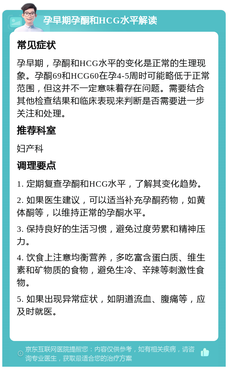 孕早期孕酮和HCG水平解读 常见症状 孕早期，孕酮和HCG水平的变化是正常的生理现象。孕酮69和HCG60在孕4-5周时可能略低于正常范围，但这并不一定意味着存在问题。需要结合其他检查结果和临床表现来判断是否需要进一步关注和处理。 推荐科室 妇产科 调理要点 1. 定期复查孕酮和HCG水平，了解其变化趋势。 2. 如果医生建议，可以适当补充孕酮药物，如黄体酮等，以维持正常的孕酮水平。 3. 保持良好的生活习惯，避免过度劳累和精神压力。 4. 饮食上注意均衡营养，多吃富含蛋白质、维生素和矿物质的食物，避免生冷、辛辣等刺激性食物。 5. 如果出现异常症状，如阴道流血、腹痛等，应及时就医。