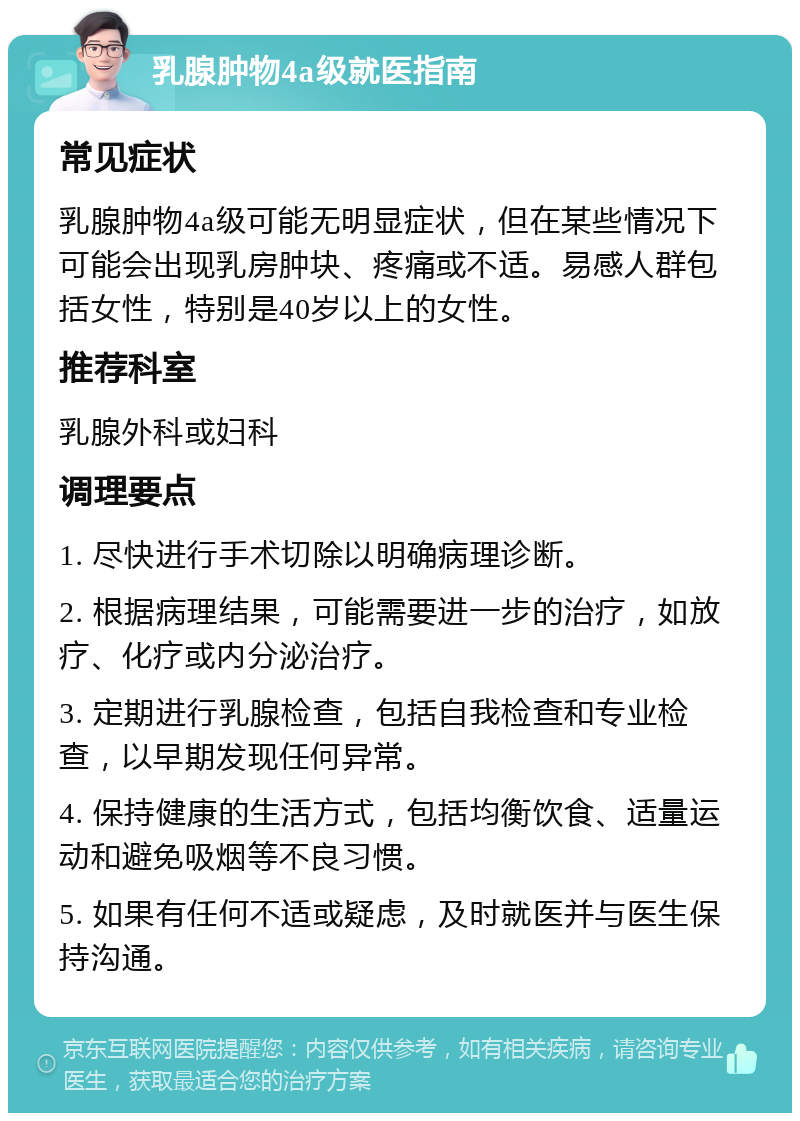 乳腺肿物4a级就医指南 常见症状 乳腺肿物4a级可能无明显症状，但在某些情况下可能会出现乳房肿块、疼痛或不适。易感人群包括女性，特别是40岁以上的女性。 推荐科室 乳腺外科或妇科 调理要点 1. 尽快进行手术切除以明确病理诊断。 2. 根据病理结果，可能需要进一步的治疗，如放疗、化疗或内分泌治疗。 3. 定期进行乳腺检查，包括自我检查和专业检查，以早期发现任何异常。 4. 保持健康的生活方式，包括均衡饮食、适量运动和避免吸烟等不良习惯。 5. 如果有任何不适或疑虑，及时就医并与医生保持沟通。