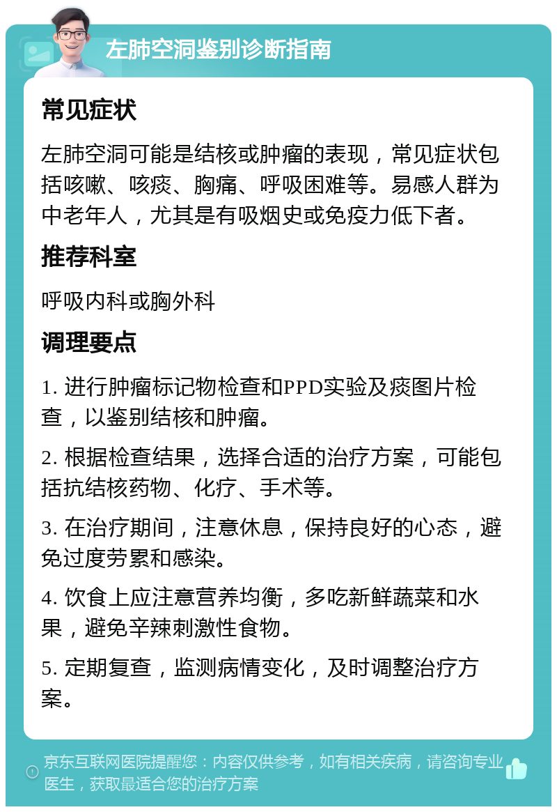 左肺空洞鉴别诊断指南 常见症状 左肺空洞可能是结核或肿瘤的表现，常见症状包括咳嗽、咳痰、胸痛、呼吸困难等。易感人群为中老年人，尤其是有吸烟史或免疫力低下者。 推荐科室 呼吸内科或胸外科 调理要点 1. 进行肿瘤标记物检查和PPD实验及痰图片检查，以鉴别结核和肿瘤。 2. 根据检查结果，选择合适的治疗方案，可能包括抗结核药物、化疗、手术等。 3. 在治疗期间，注意休息，保持良好的心态，避免过度劳累和感染。 4. 饮食上应注意营养均衡，多吃新鲜蔬菜和水果，避免辛辣刺激性食物。 5. 定期复查，监测病情变化，及时调整治疗方案。