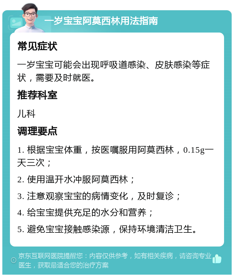 一岁宝宝阿莫西林用法指南 常见症状 一岁宝宝可能会出现呼吸道感染、皮肤感染等症状，需要及时就医。 推荐科室 儿科 调理要点 1. 根据宝宝体重，按医嘱服用阿莫西林，0.15g一天三次； 2. 使用温开水冲服阿莫西林； 3. 注意观察宝宝的病情变化，及时复诊； 4. 给宝宝提供充足的水分和营养； 5. 避免宝宝接触感染源，保持环境清洁卫生。