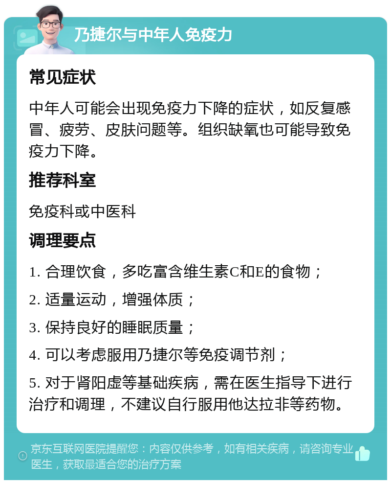 乃捷尔与中年人免疫力 常见症状 中年人可能会出现免疫力下降的症状，如反复感冒、疲劳、皮肤问题等。组织缺氧也可能导致免疫力下降。 推荐科室 免疫科或中医科 调理要点 1. 合理饮食，多吃富含维生素C和E的食物； 2. 适量运动，增强体质； 3. 保持良好的睡眠质量； 4. 可以考虑服用乃捷尔等免疫调节剂； 5. 对于肾阳虚等基础疾病，需在医生指导下进行治疗和调理，不建议自行服用他达拉非等药物。