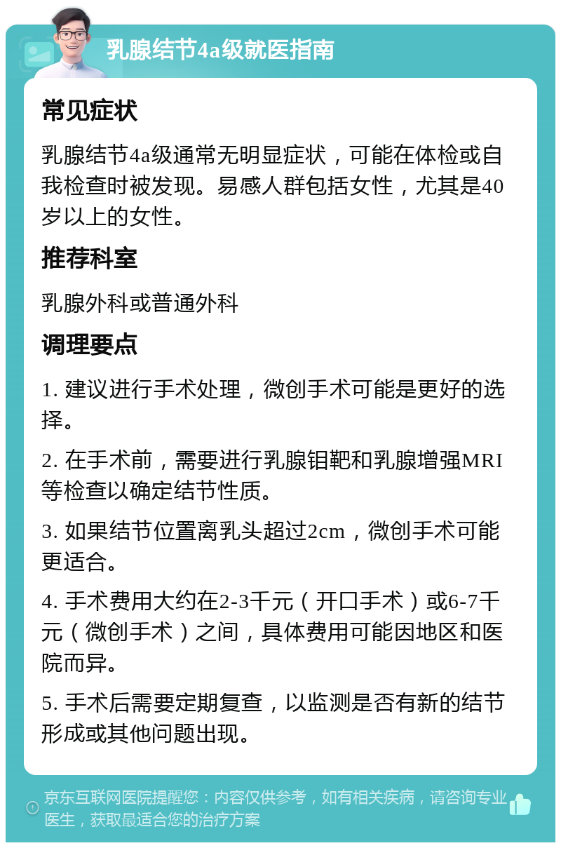 乳腺结节4a级就医指南 常见症状 乳腺结节4a级通常无明显症状，可能在体检或自我检查时被发现。易感人群包括女性，尤其是40岁以上的女性。 推荐科室 乳腺外科或普通外科 调理要点 1. 建议进行手术处理，微创手术可能是更好的选择。 2. 在手术前，需要进行乳腺钼靶和乳腺增强MRI等检查以确定结节性质。 3. 如果结节位置离乳头超过2cm，微创手术可能更适合。 4. 手术费用大约在2-3千元（开口手术）或6-7千元（微创手术）之间，具体费用可能因地区和医院而异。 5. 手术后需要定期复查，以监测是否有新的结节形成或其他问题出现。