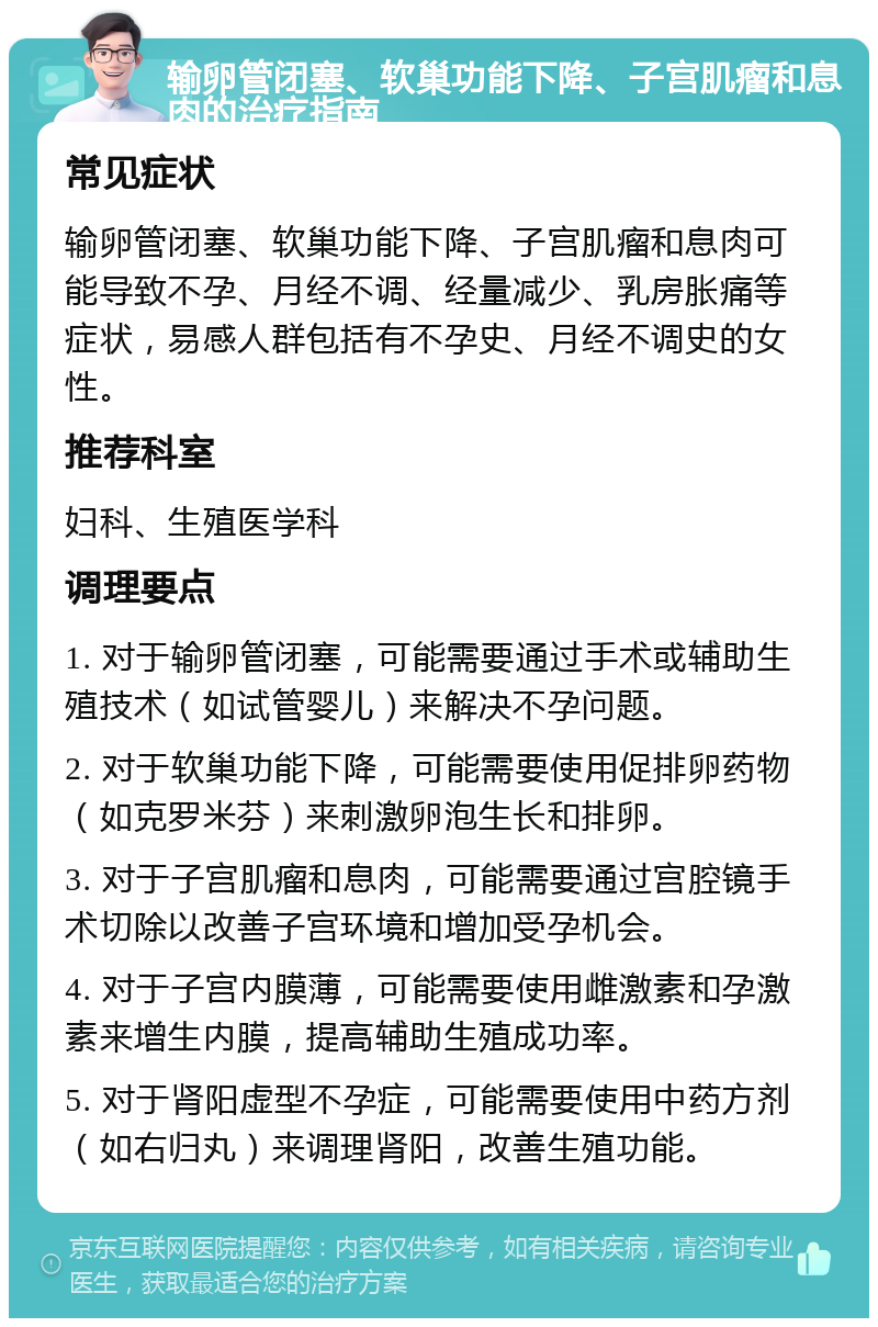 输卵管闭塞、软巢功能下降、子宫肌瘤和息肉的治疗指南 常见症状 输卵管闭塞、软巢功能下降、子宫肌瘤和息肉可能导致不孕、月经不调、经量减少、乳房胀痛等症状，易感人群包括有不孕史、月经不调史的女性。 推荐科室 妇科、生殖医学科 调理要点 1. 对于输卵管闭塞，可能需要通过手术或辅助生殖技术（如试管婴儿）来解决不孕问题。 2. 对于软巢功能下降，可能需要使用促排卵药物（如克罗米芬）来刺激卵泡生长和排卵。 3. 对于子宫肌瘤和息肉，可能需要通过宫腔镜手术切除以改善子宫环境和增加受孕机会。 4. 对于子宫内膜薄，可能需要使用雌激素和孕激素来增生内膜，提高辅助生殖成功率。 5. 对于肾阳虚型不孕症，可能需要使用中药方剂（如右归丸）来调理肾阳，改善生殖功能。