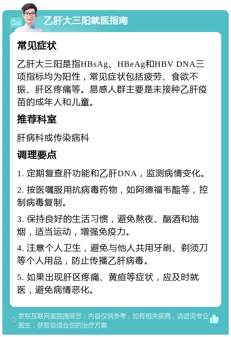 乙肝大三阳就医指南 常见症状 乙肝大三阳是指HBsAg、HBeAg和HBV DNA三项指标均为阳性，常见症状包括疲劳、食欲不振、肝区疼痛等。易感人群主要是未接种乙肝疫苗的成年人和儿童。 推荐科室 肝病科或传染病科 调理要点 1. 定期复查肝功能和乙肝DNA，监测病情变化。 2. 按医嘱服用抗病毒药物，如阿德福韦酯等，控制病毒复制。 3. 保持良好的生活习惯，避免熬夜、酗酒和抽烟，适当运动，增强免疫力。 4. 注意个人卫生，避免与他人共用牙刷、剃须刀等个人用品，防止传播乙肝病毒。 5. 如果出现肝区疼痛、黄疸等症状，应及时就医，避免病情恶化。