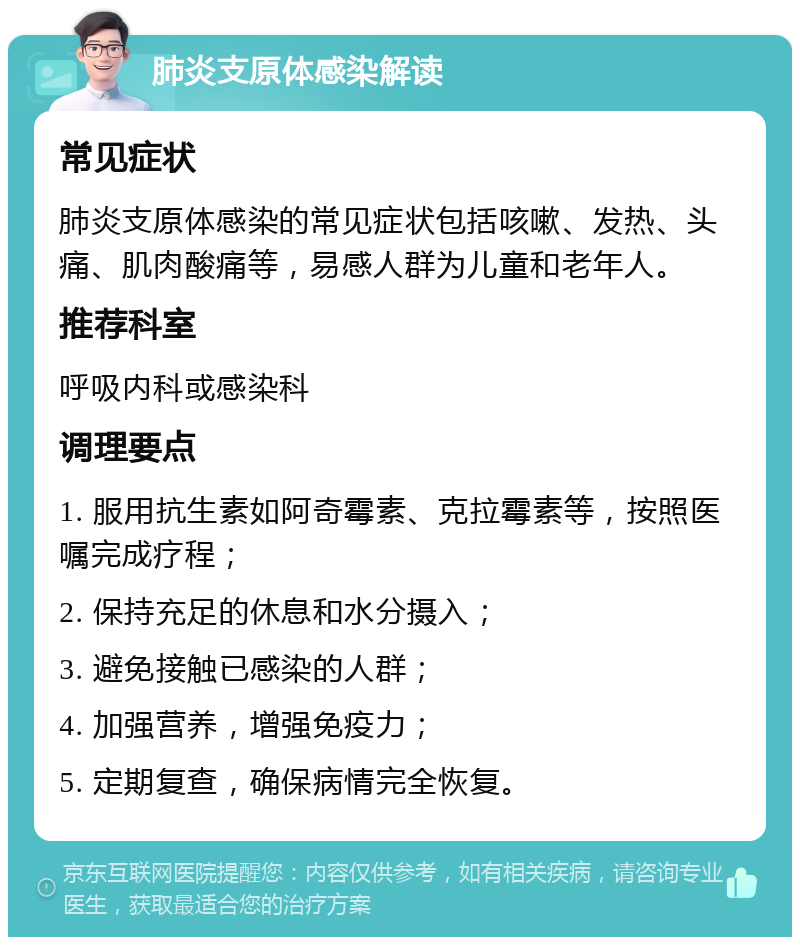 肺炎支原体感染解读 常见症状 肺炎支原体感染的常见症状包括咳嗽、发热、头痛、肌肉酸痛等，易感人群为儿童和老年人。 推荐科室 呼吸内科或感染科 调理要点 1. 服用抗生素如阿奇霉素、克拉霉素等，按照医嘱完成疗程； 2. 保持充足的休息和水分摄入； 3. 避免接触已感染的人群； 4. 加强营养，增强免疫力； 5. 定期复查，确保病情完全恢复。