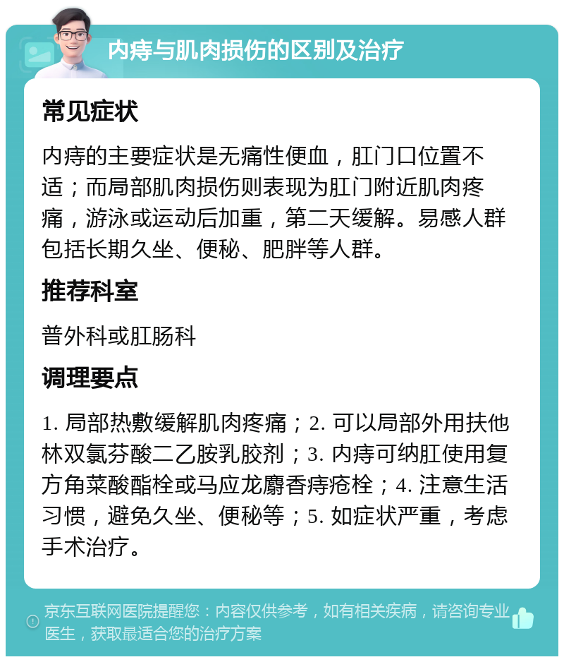 内痔与肌肉损伤的区别及治疗 常见症状 内痔的主要症状是无痛性便血，肛门口位置不适；而局部肌肉损伤则表现为肛门附近肌肉疼痛，游泳或运动后加重，第二天缓解。易感人群包括长期久坐、便秘、肥胖等人群。 推荐科室 普外科或肛肠科 调理要点 1. 局部热敷缓解肌肉疼痛；2. 可以局部外用扶他林双氯芬酸二乙胺乳胶剂；3. 内痔可纳肛使用复方角菜酸酯栓或马应龙麝香痔疮栓；4. 注意生活习惯，避免久坐、便秘等；5. 如症状严重，考虑手术治疗。