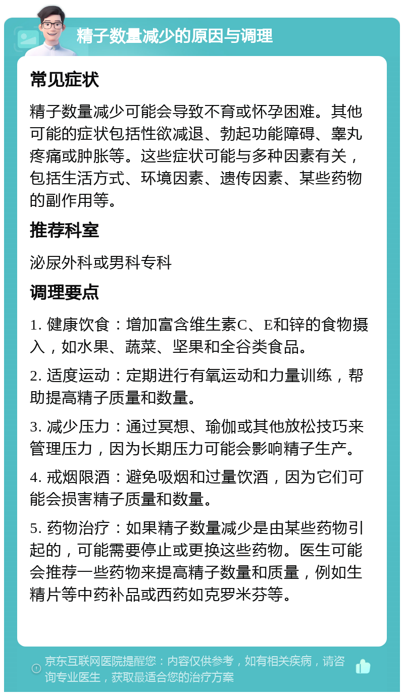 精子数量减少的原因与调理 常见症状 精子数量减少可能会导致不育或怀孕困难。其他可能的症状包括性欲减退、勃起功能障碍、睾丸疼痛或肿胀等。这些症状可能与多种因素有关，包括生活方式、环境因素、遗传因素、某些药物的副作用等。 推荐科室 泌尿外科或男科专科 调理要点 1. 健康饮食：增加富含维生素C、E和锌的食物摄入，如水果、蔬菜、坚果和全谷类食品。 2. 适度运动：定期进行有氧运动和力量训练，帮助提高精子质量和数量。 3. 减少压力：通过冥想、瑜伽或其他放松技巧来管理压力，因为长期压力可能会影响精子生产。 4. 戒烟限酒：避免吸烟和过量饮酒，因为它们可能会损害精子质量和数量。 5. 药物治疗：如果精子数量减少是由某些药物引起的，可能需要停止或更换这些药物。医生可能会推荐一些药物来提高精子数量和质量，例如生精片等中药补品或西药如克罗米芬等。