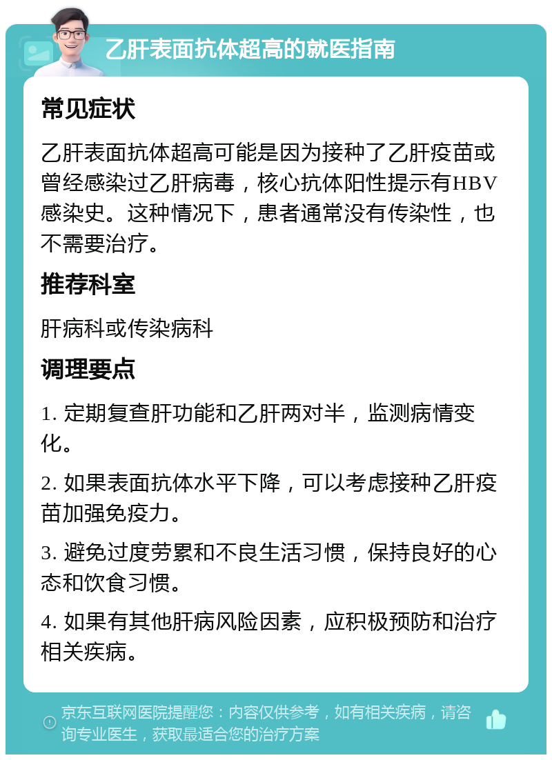 乙肝表面抗体超高的就医指南 常见症状 乙肝表面抗体超高可能是因为接种了乙肝疫苗或曾经感染过乙肝病毒，核心抗体阳性提示有HBV感染史。这种情况下，患者通常没有传染性，也不需要治疗。 推荐科室 肝病科或传染病科 调理要点 1. 定期复查肝功能和乙肝两对半，监测病情变化。 2. 如果表面抗体水平下降，可以考虑接种乙肝疫苗加强免疫力。 3. 避免过度劳累和不良生活习惯，保持良好的心态和饮食习惯。 4. 如果有其他肝病风险因素，应积极预防和治疗相关疾病。