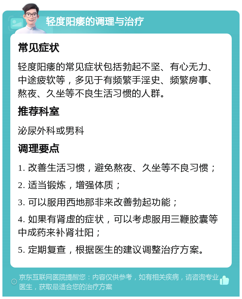 轻度阳痿的调理与治疗 常见症状 轻度阳痿的常见症状包括勃起不坚、有心无力、中途疲软等，多见于有频繁手淫史、频繁房事、熬夜、久坐等不良生活习惯的人群。 推荐科室 泌尿外科或男科 调理要点 1. 改善生活习惯，避免熬夜、久坐等不良习惯； 2. 适当锻炼，增强体质； 3. 可以服用西地那非来改善勃起功能； 4. 如果有肾虚的症状，可以考虑服用三鞭胶囊等中成药来补肾壮阳； 5. 定期复查，根据医生的建议调整治疗方案。