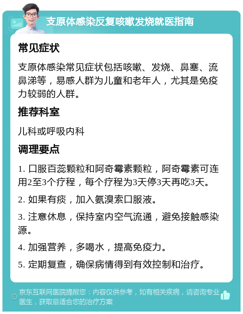 支原体感染反复咳嗽发烧就医指南 常见症状 支原体感染常见症状包括咳嗽、发烧、鼻塞、流鼻涕等，易感人群为儿童和老年人，尤其是免疫力较弱的人群。 推荐科室 儿科或呼吸内科 调理要点 1. 口服百蕊颗粒和阿奇霉素颗粒，阿奇霉素可连用2至3个疗程，每个疗程为3天停3天再吃3天。 2. 如果有痰，加入氨溴索口服液。 3. 注意休息，保持室内空气流通，避免接触感染源。 4. 加强营养，多喝水，提高免疫力。 5. 定期复查，确保病情得到有效控制和治疗。