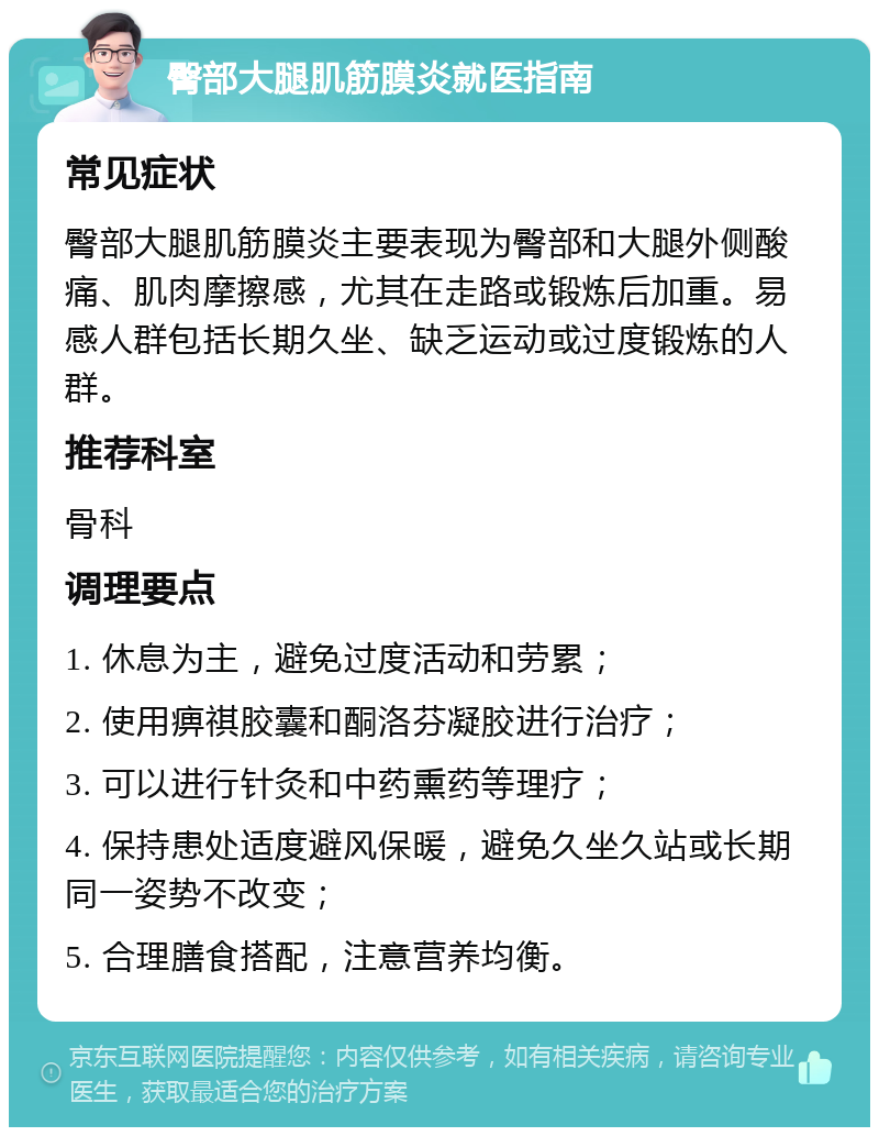 臀部大腿肌筋膜炎就医指南 常见症状 臀部大腿肌筋膜炎主要表现为臀部和大腿外侧酸痛、肌肉摩擦感，尤其在走路或锻炼后加重。易感人群包括长期久坐、缺乏运动或过度锻炼的人群。 推荐科室 骨科 调理要点 1. 休息为主，避免过度活动和劳累； 2. 使用痹祺胶囊和酮洛芬凝胶进行治疗； 3. 可以进行针灸和中药熏药等理疗； 4. 保持患处适度避风保暖，避免久坐久站或长期同一姿势不改变； 5. 合理膳食搭配，注意营养均衡。